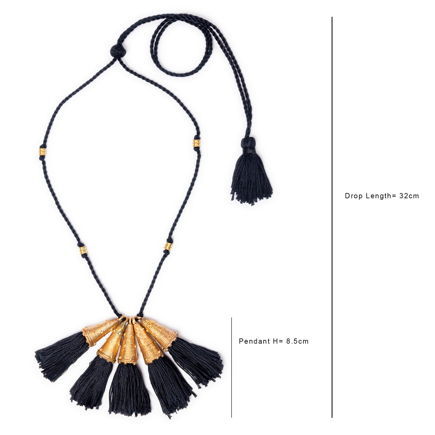 Black Gold Tone Bell Necklace with Tassels