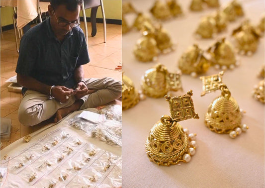 An artisan hand-assembling handcrafted Dhokra jewellery pieces in Durgapur beside a close-up of golden brass jhumka earrings, showcasing traditional craftsmanship and fine detailing.