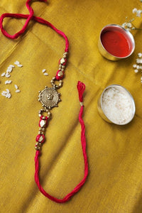 Miharu Handmade Dokra Golden Beadrd Red Thread Rakhi