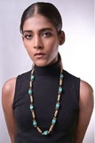 Miharu Long Turquoise Qubes Golden Beaded Necklace