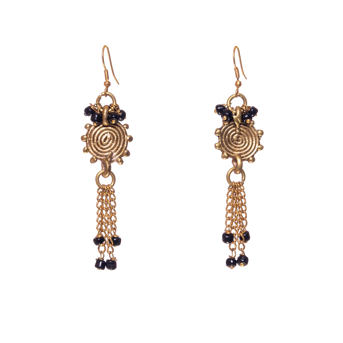 Brass Chain Black Beaded Earrings