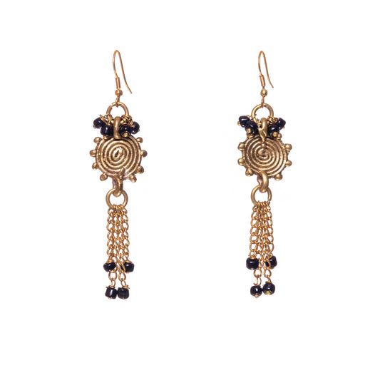 Brass Chain Black Beaded Earrings