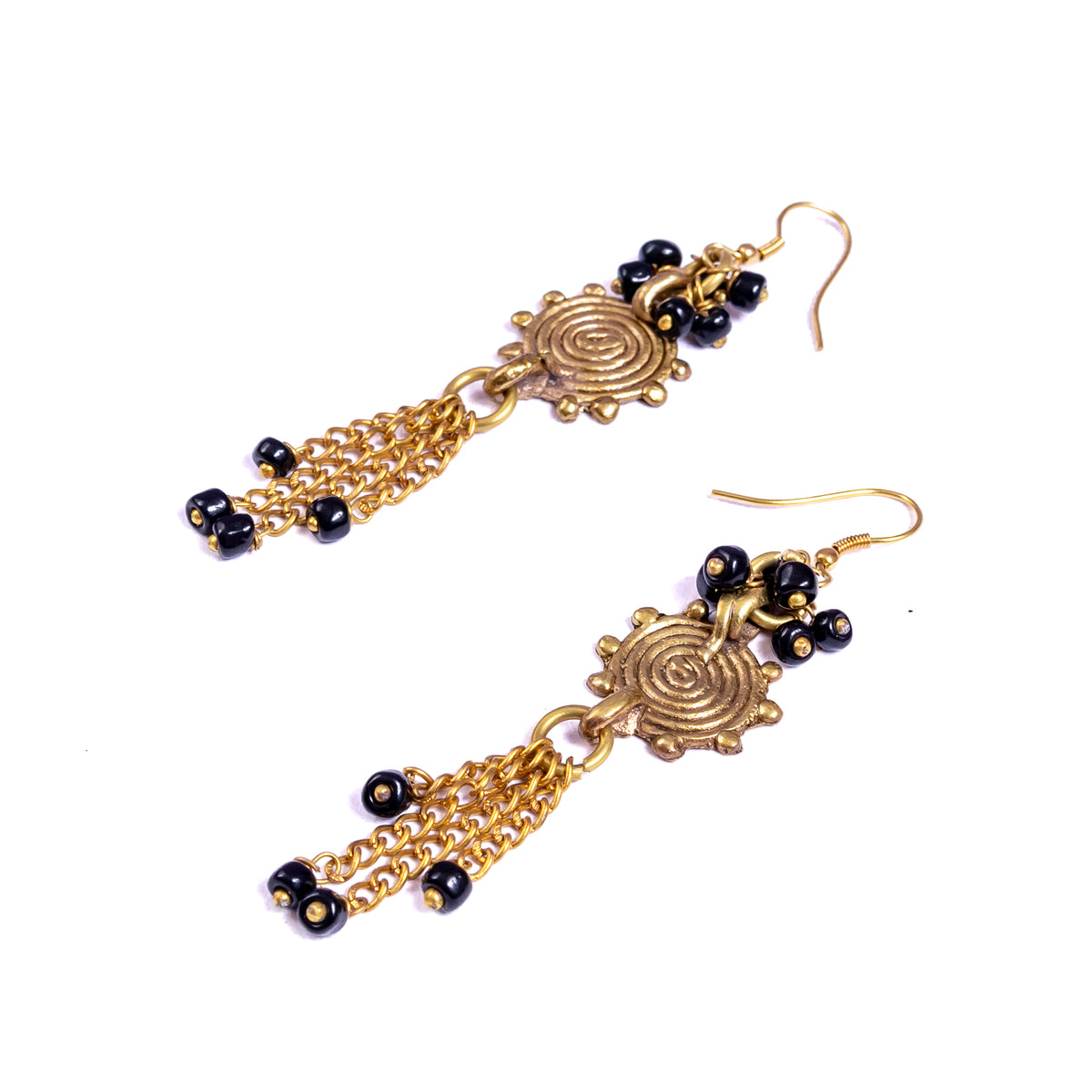 Brass Chain Black Beaded Earrings