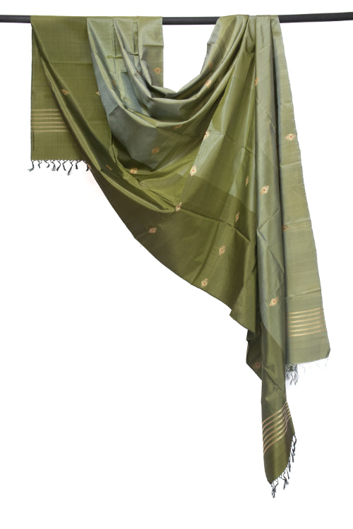 Olive Green Pure Silk  Hand Loom Dupatta MIH28