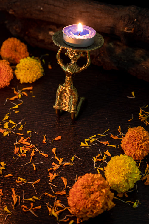 Dhokra Half Sitting Tribal Lady Candle Stand