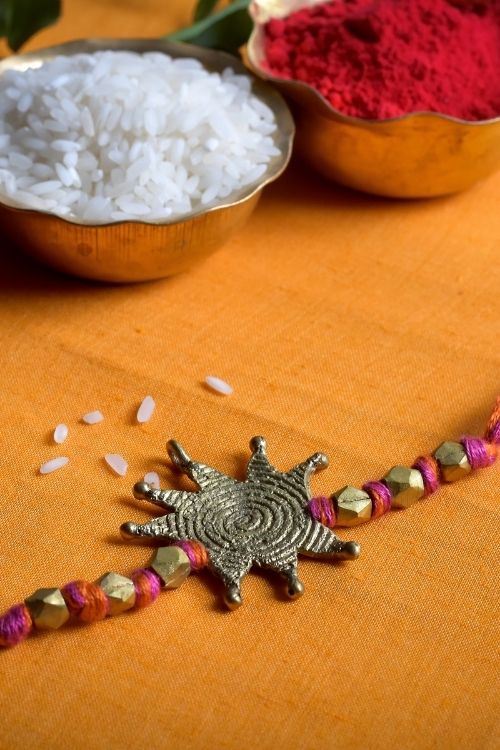 Miharu Handmade Dokra Pink- Orange Thread Rakhi Reusable Choker* Lotus (RH013)