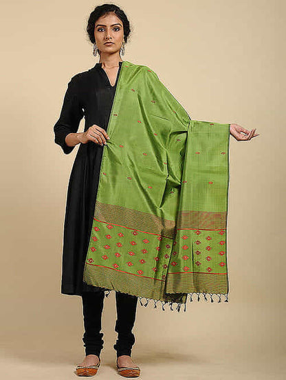 Green Pure Silk Hand Loom Dupatta MIH06