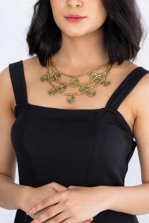 Gold Tone Beaded Dokra Necklace