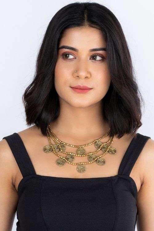 Gold Tone Beaded Dokra Necklace