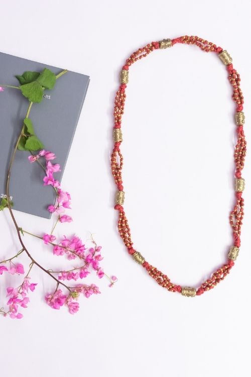 Light Red and Gold Thread Brass Necklace- Long CD1948b