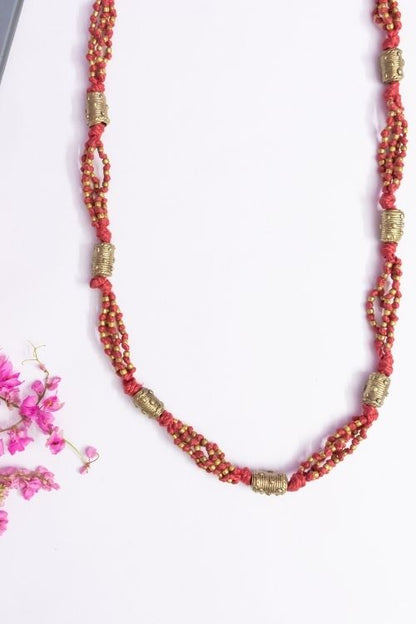 Light Red and Gold Thread Brass Necklace- Long CD1948b