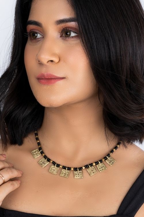 Miharu Square Doka Collar Necklace (Black)