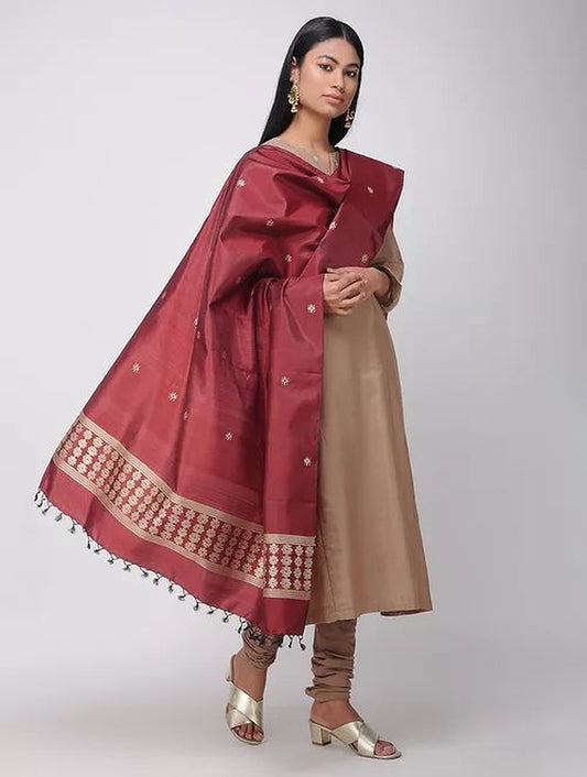 Maroon Pure Silk Hand woven Dupatta MIH049