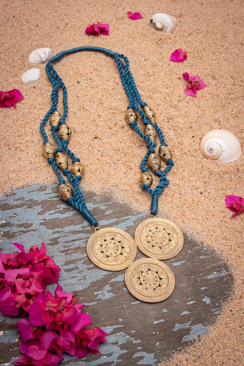 Blue Thread Brass Bead Necklace D92