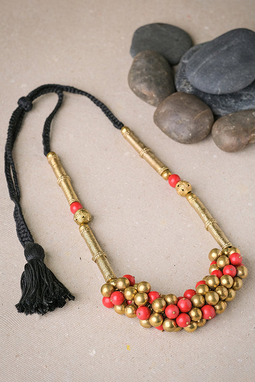 Red Coral and Golden Beaded Statement Necklace