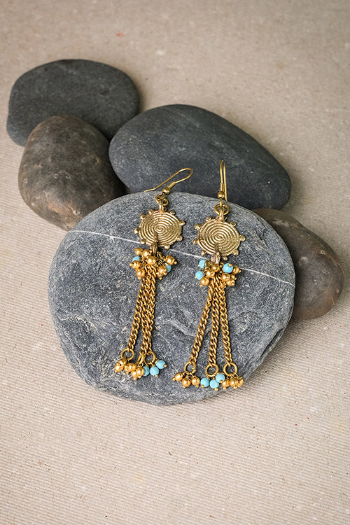 Brass Chain Blue Beaded Earrings