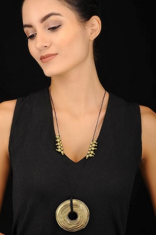 Black Gold Tone Circle Big Brass Pendant Necklace  G2