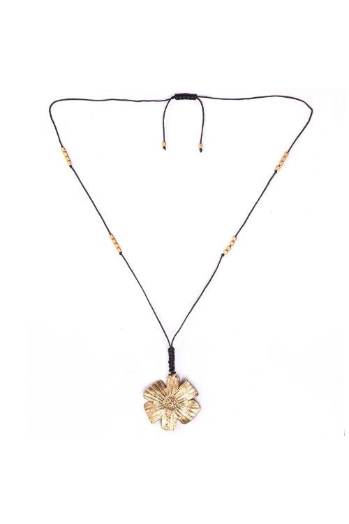 Black Gold Tone Brass Flower Pendent Long Necklace G6