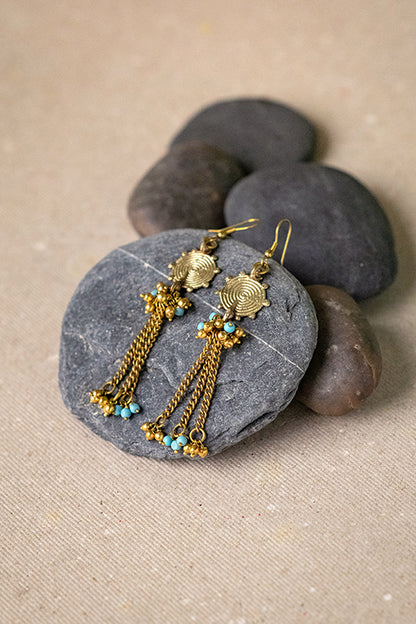 Brass Chain Blue Beaded Earrings