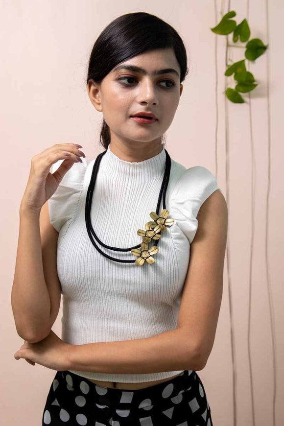 Black Multi layer Brass Floral Thread Bead Necklace